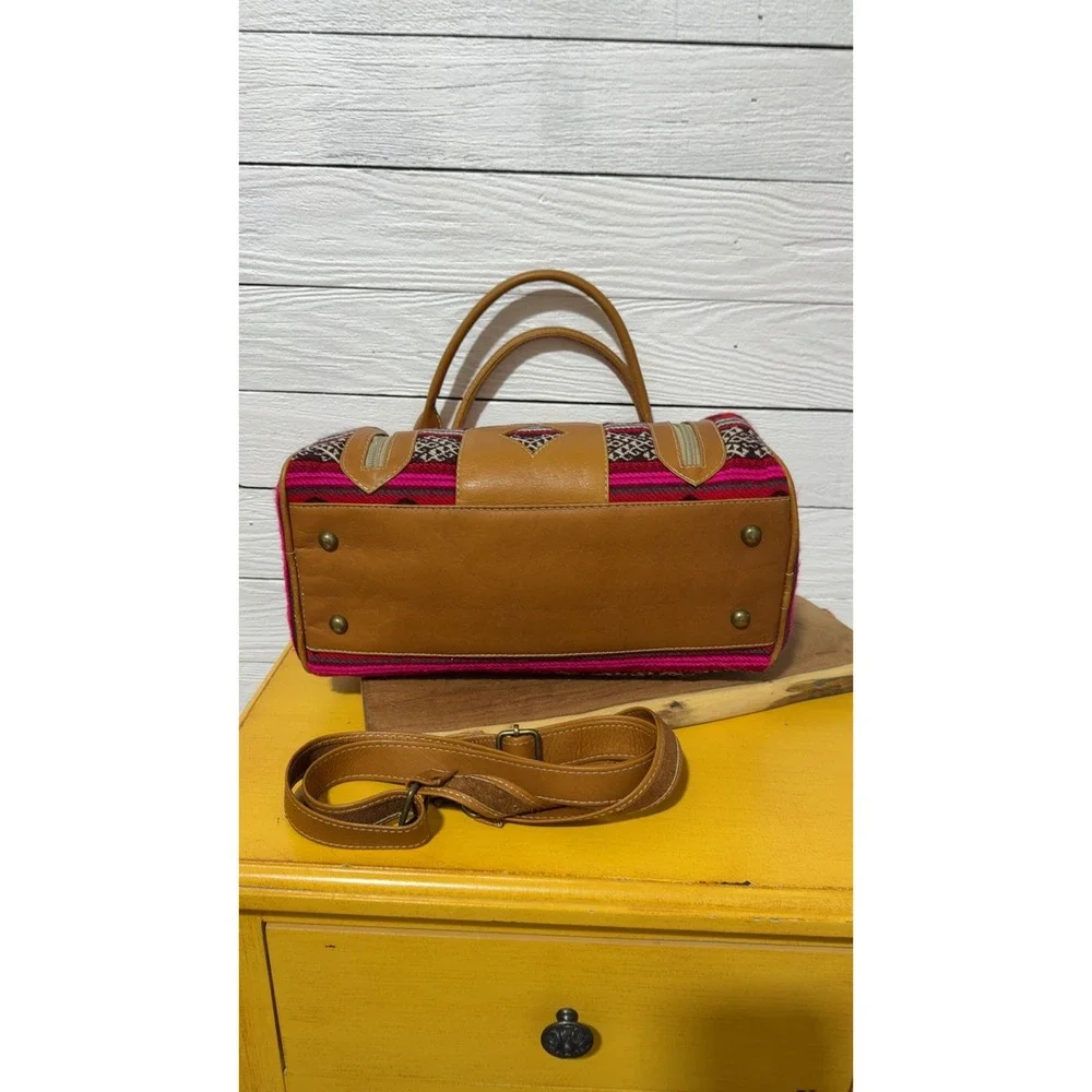 NWOT Boho Woven Textile Leather Satchel Crossbody Bag Red Pink Geometric Artisan